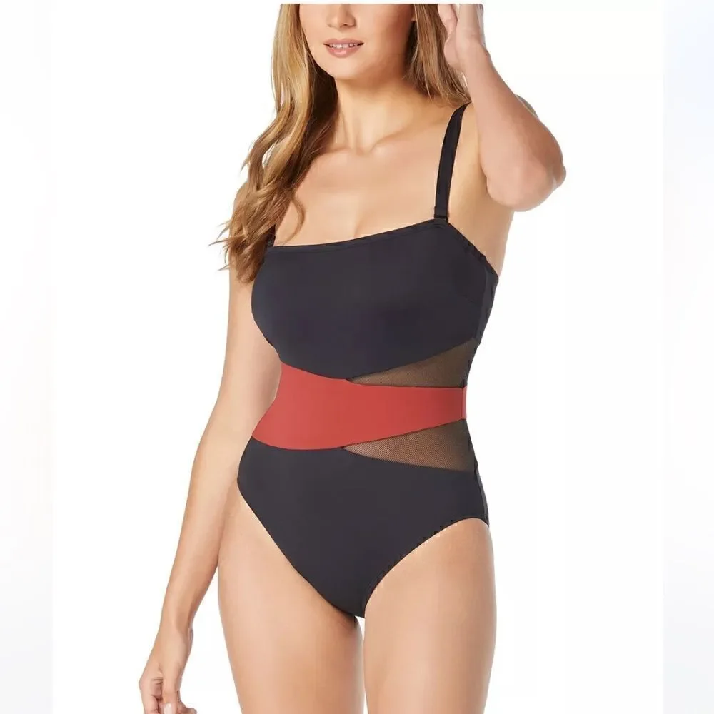 Coco Reef Women's Contours Bandeau Mesh Tummy-Control One-Piece Swimsuit Spice